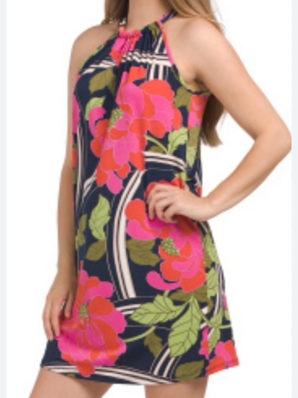 Trina Turk Navy Juju Halter Mini Dress with Pink & Green Floral coverup Medium